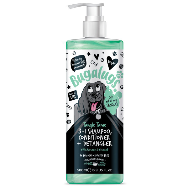 Bugalugs Tangle Tame 3-in-1 Hundeshampoo, Pflegespülung & Entfilzer – mit Avocado & Kokosnuss 500 ml