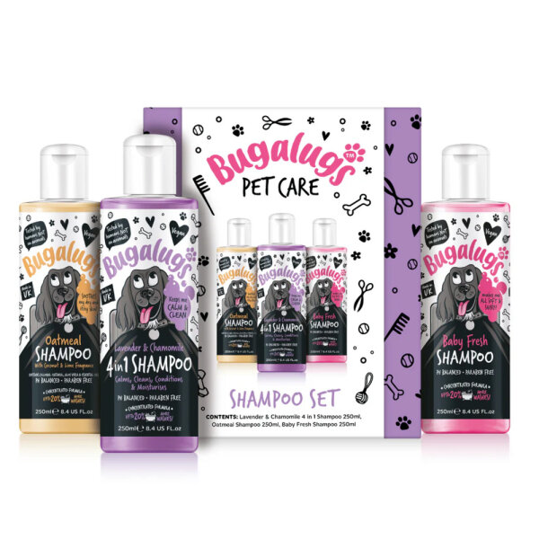 Bugalugs Pflege-Set Hundeshampoo Probierset Oeatmeal-4in1-Babyfresh 3 x 250ml