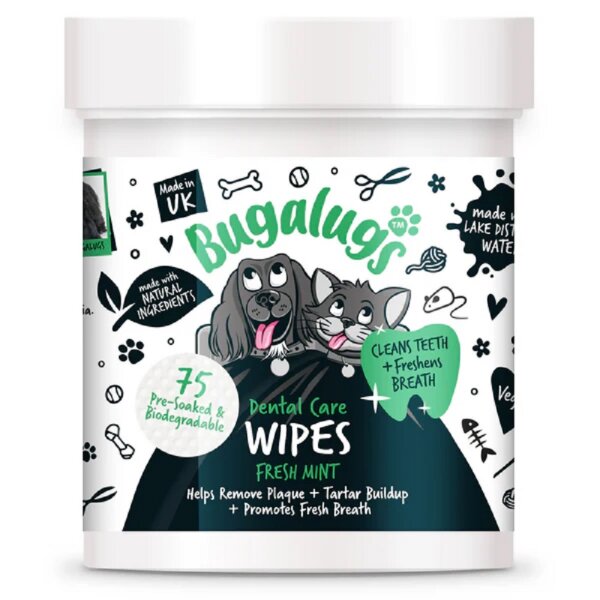 Bugalugs Dental Care Wipes – Frische Minze, 75 biologisch abbaubare Reinigungstücher für Hunde & Katzen